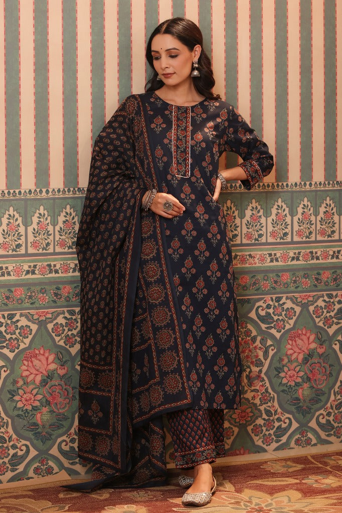 Women Blue Ethnic Printed Pure Cotton Kurta Set