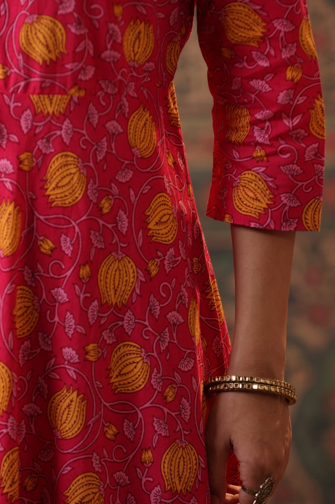 Women Fuchsia Floral Printed Sequinned Cotton Anarkali Kurta With Trousers & Dupatta