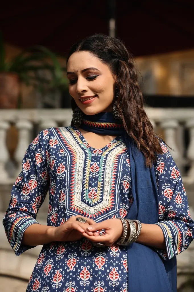 Women Blue Printed Mirror Work Cotton Kurta Set