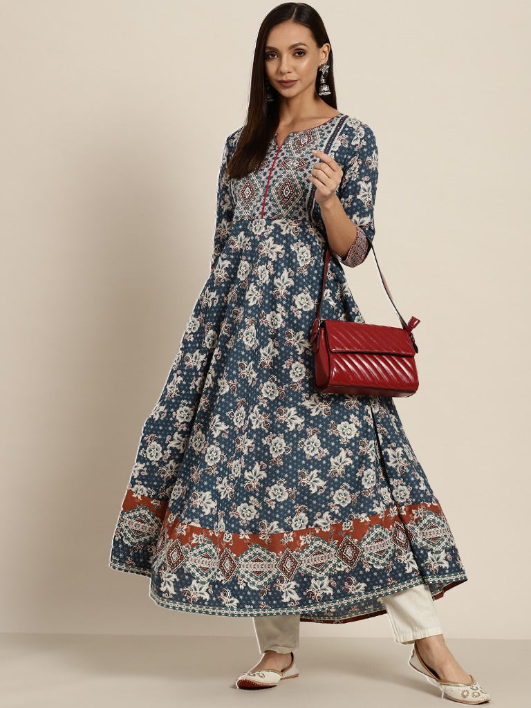 Women Navy Blue & Off White Pure Cotton Floral Print Anarkali Kurta