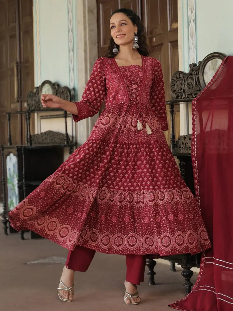 Women Panel Printed Maroon Anarkali Kurta With Trouser And Dupatta