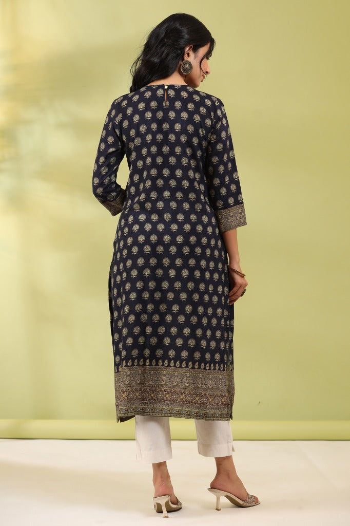 Women Black Digital Printed Mirror Work Straight Kurta