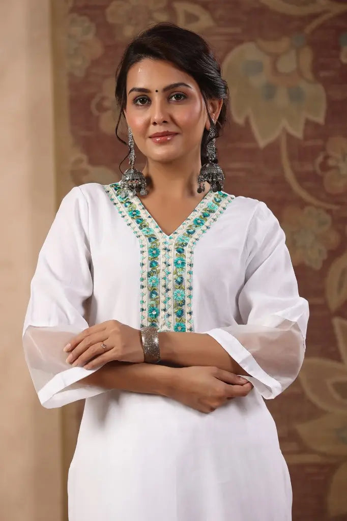Women White Yoke Design Thread Work Straight Kurta With Trousers