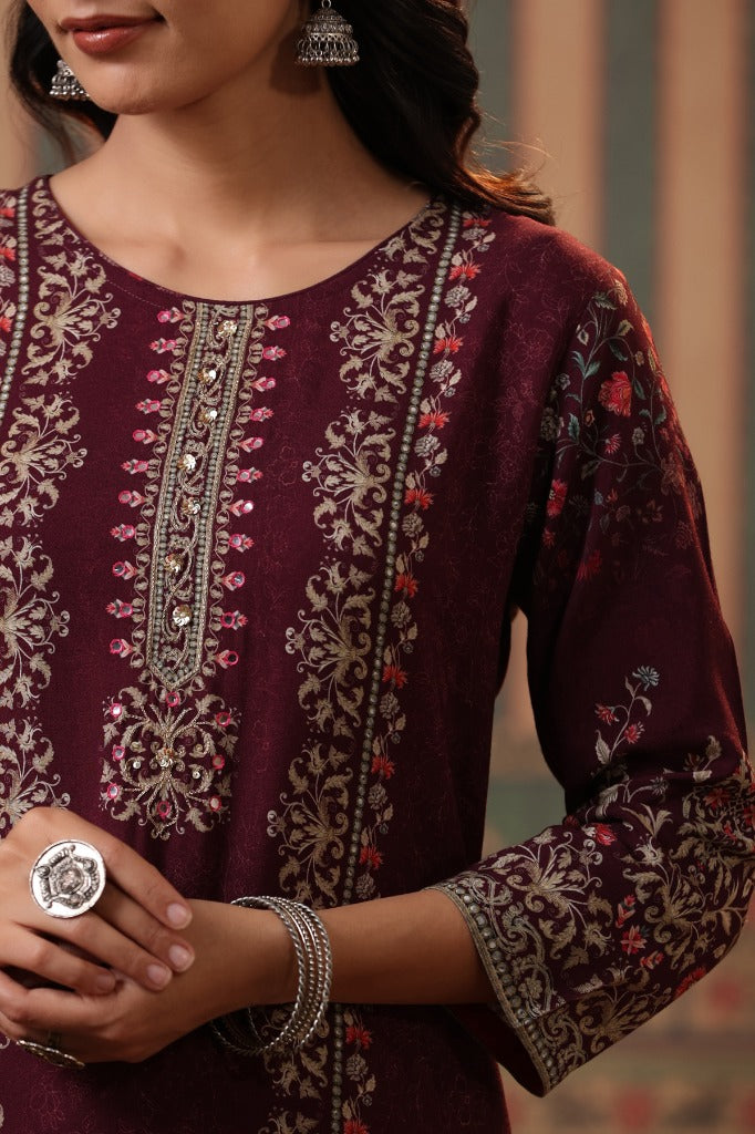 Women Wine Digital Printed Mirror Work Straight Kurta