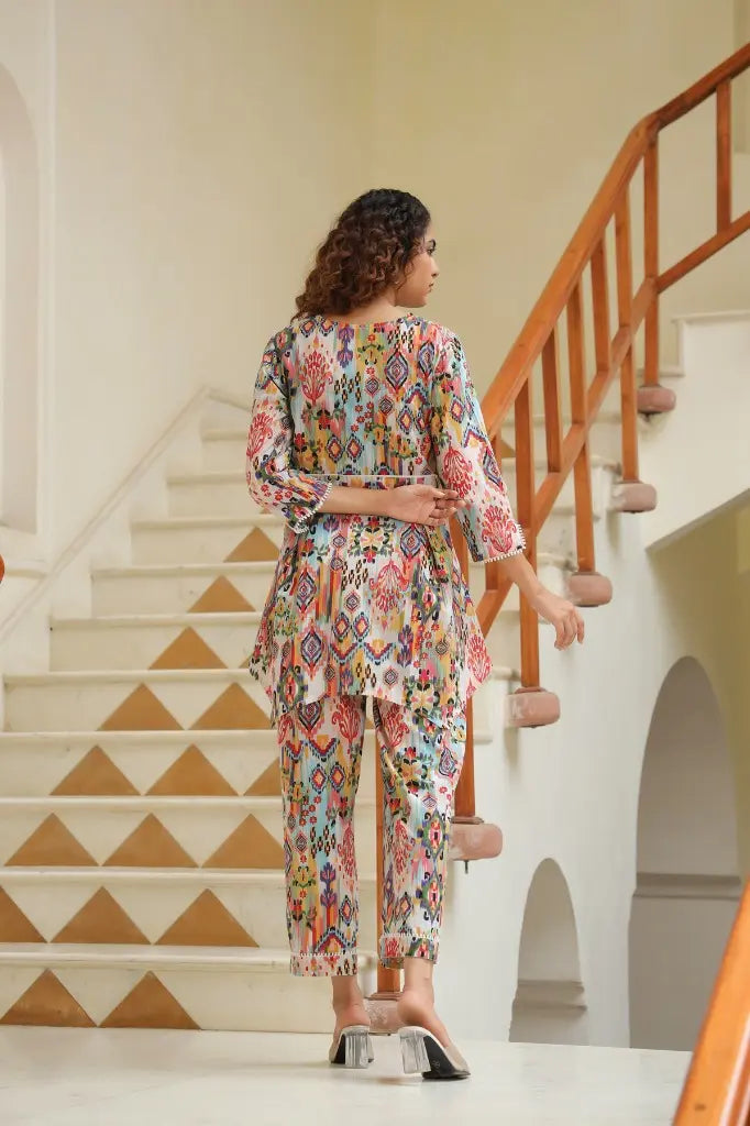 Women Multi Printed V-Neck Pure Cotton Tunic With Trousers
