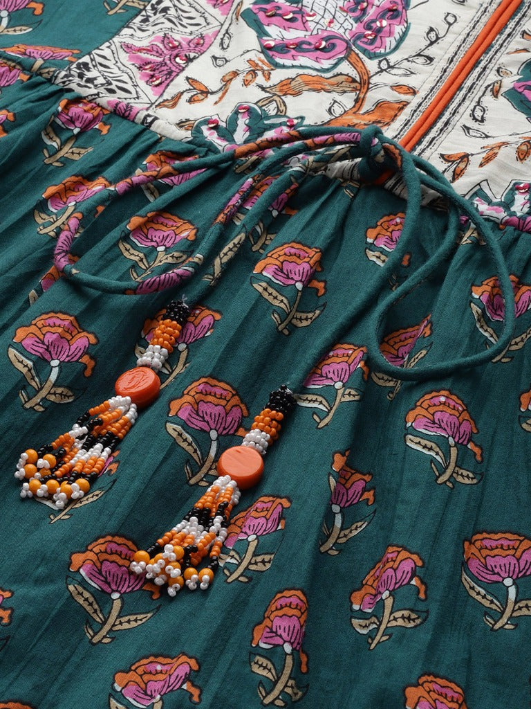 Women's Teal & Beige Floral Printed Anarkali Kurta
