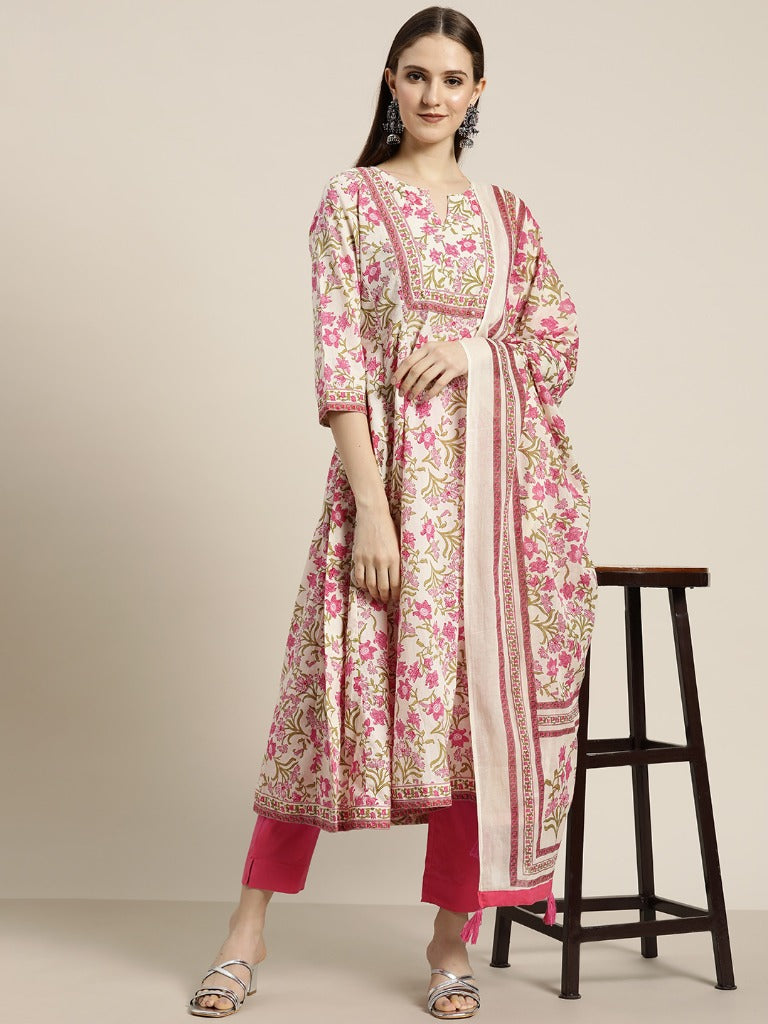 Women Pink Floral Printed Cotton Kurta with Trousers and Printed Dupatta