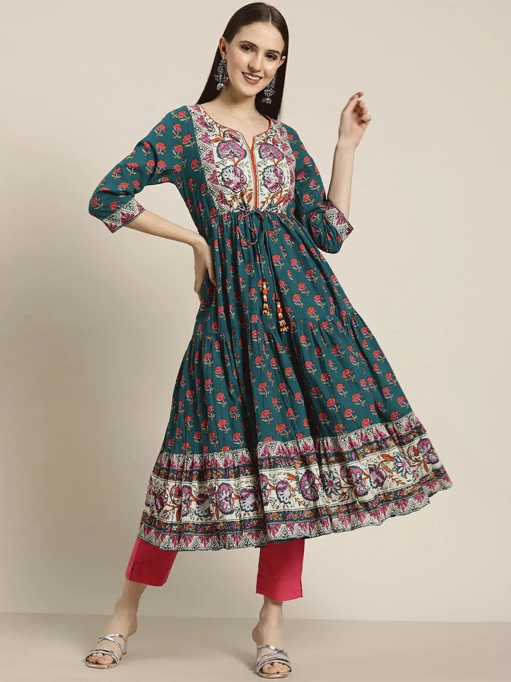 Women's Teal & Beige Floral Printed Anarkali Kurta