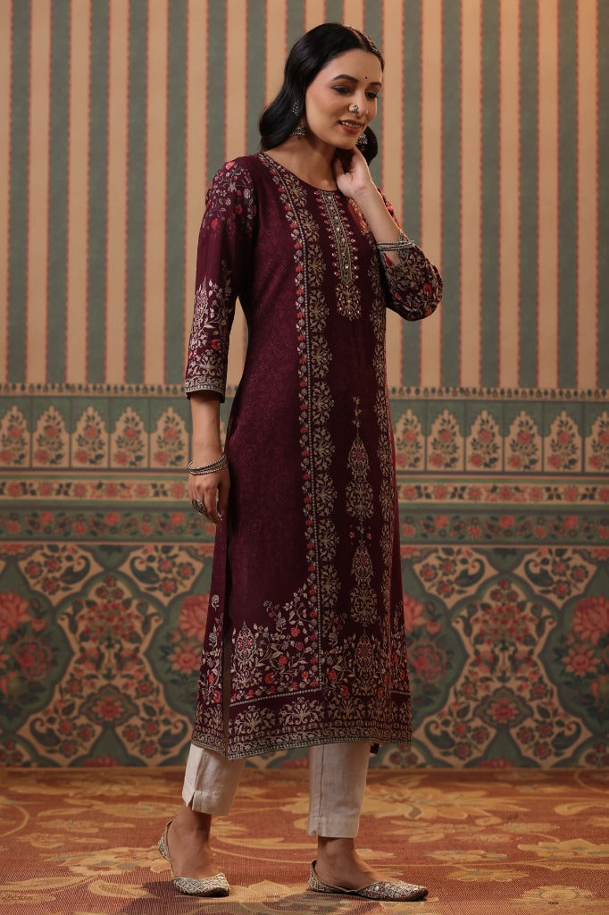 Women Wine Digital Printed Mirror Work Straight Kurta