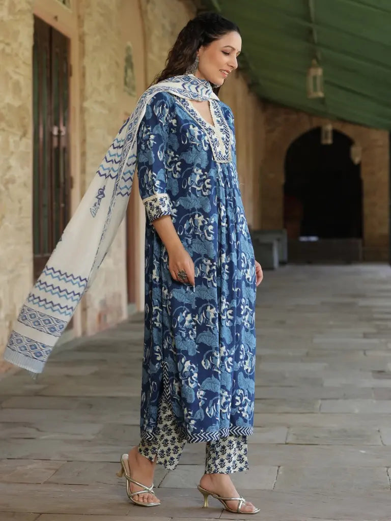 Women Indigo Blue Printed A-line Kurta With Hand Block Printed Dupatta and Printed Trouser