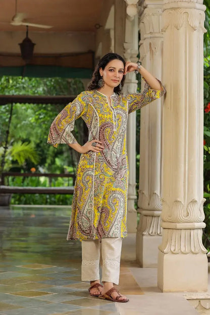Women Yellow & Beige Paisley Printed A-line Kurta