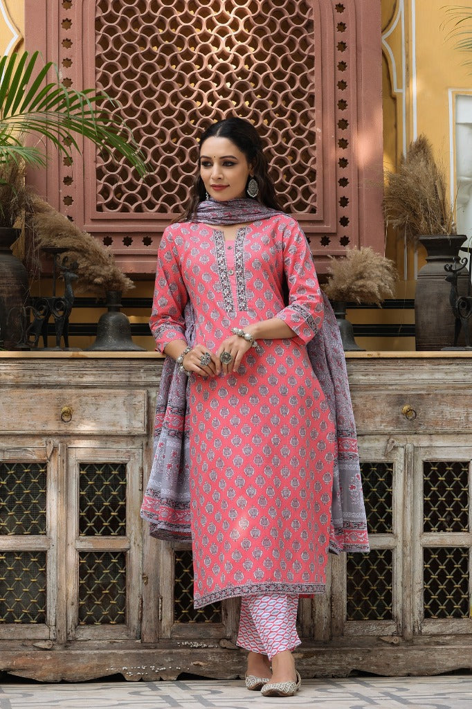 Women Pink Ethnic Printed Pure Cotton Straight Kurta with Trousers & Dupatta