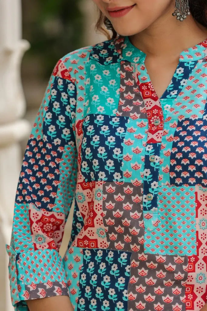 Women Blue Patch Printed A-line Kurti