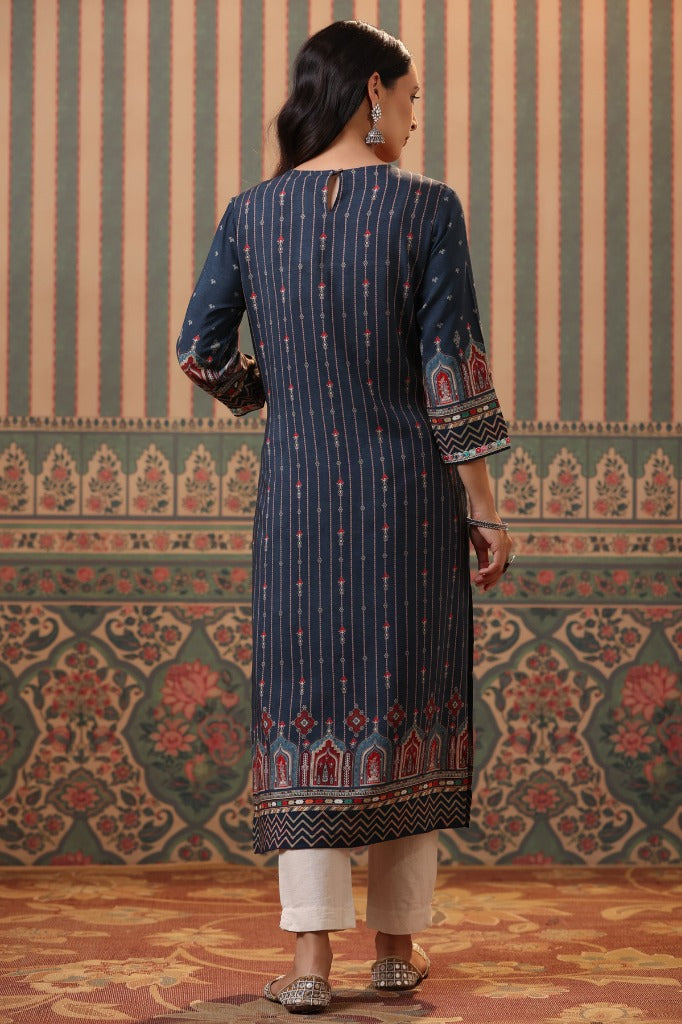 Women Blue Digital Printed Mirror Work Straight Kurta