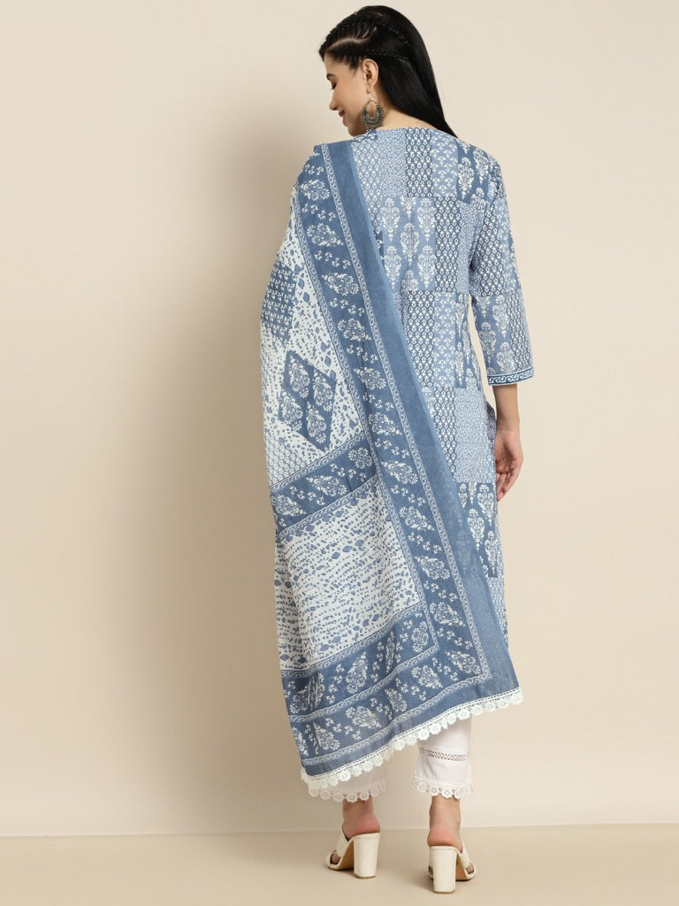 Women Blue coloured ethnic motifs sequinned pure cotton A line kurta with trousers & with dupatta