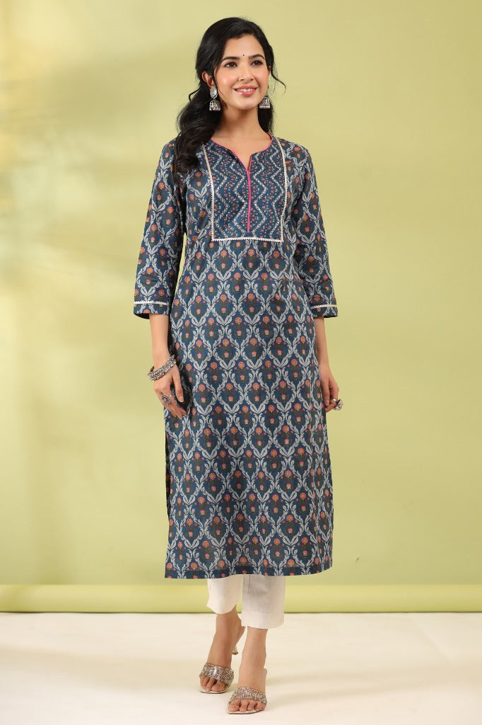 Women Blue Ethnic Printed Gotta Patti Straight Kurta