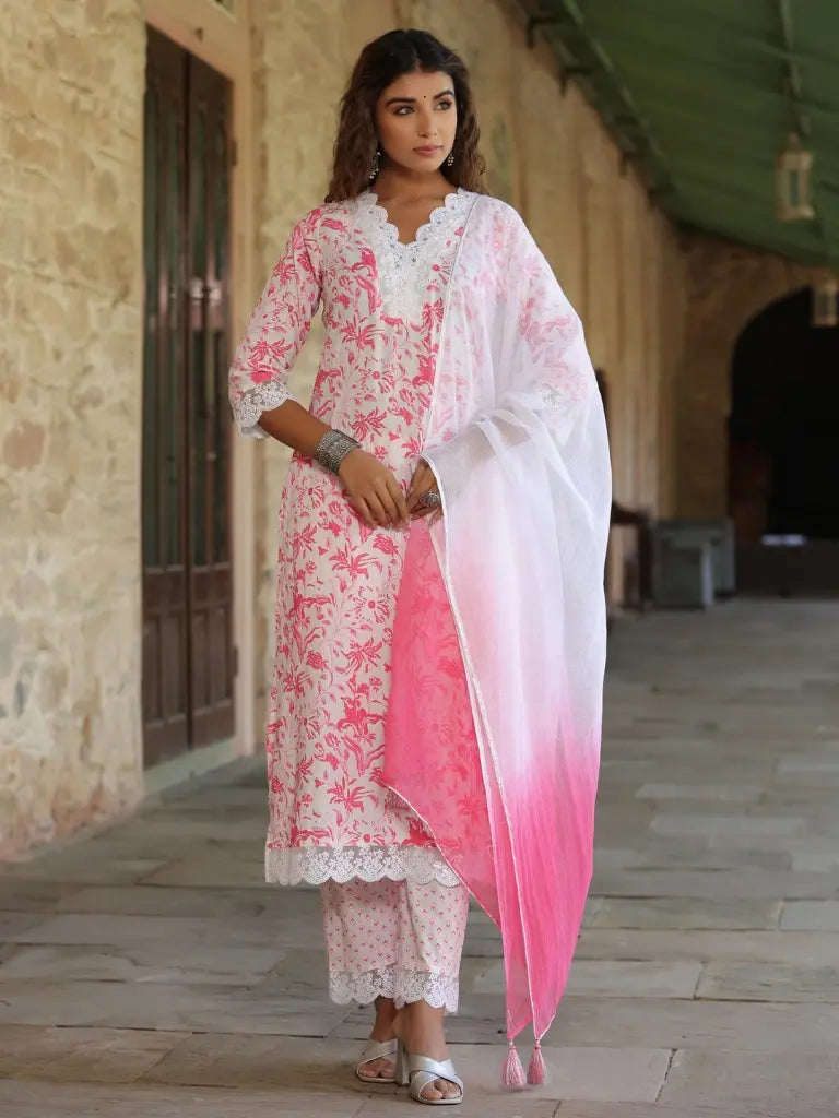 Women Pink & White Floral Printed Pure Cotton Straight Kurta With Printed Trouser and Shaded Doria Dupatta