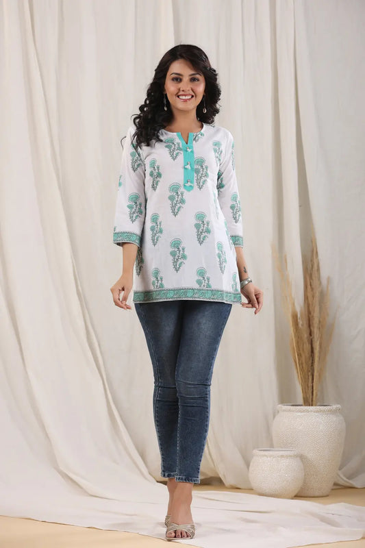Women Teal & White Floral Printed Pure Cotton Kurti
