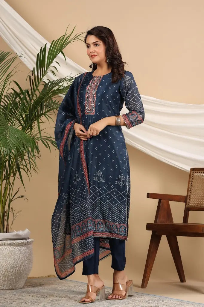Women Blue Bandhani Printed Sequinned Kurta Set