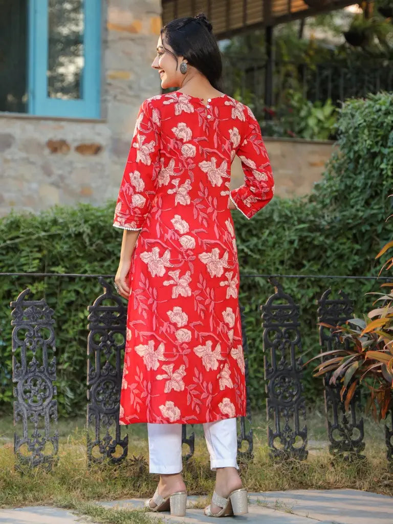 Women Red Floral Printed Straight Kurta