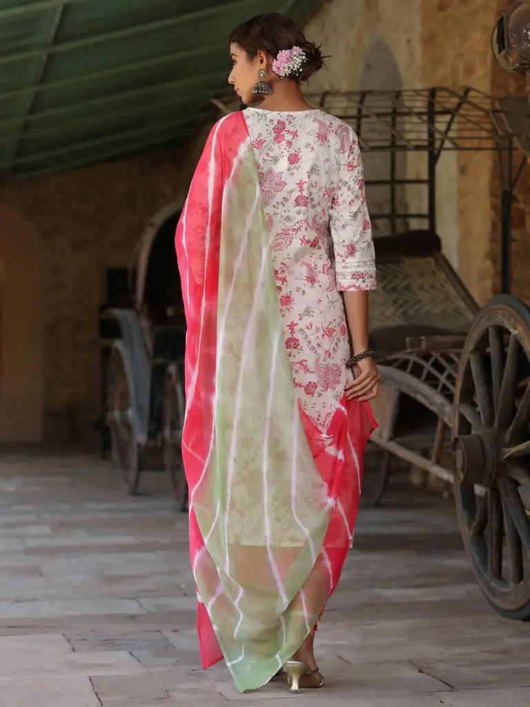 Women Cream Floral Printed Pure Cotton embroidered Straight Kurta With Salwar And Dyed Dupatta
