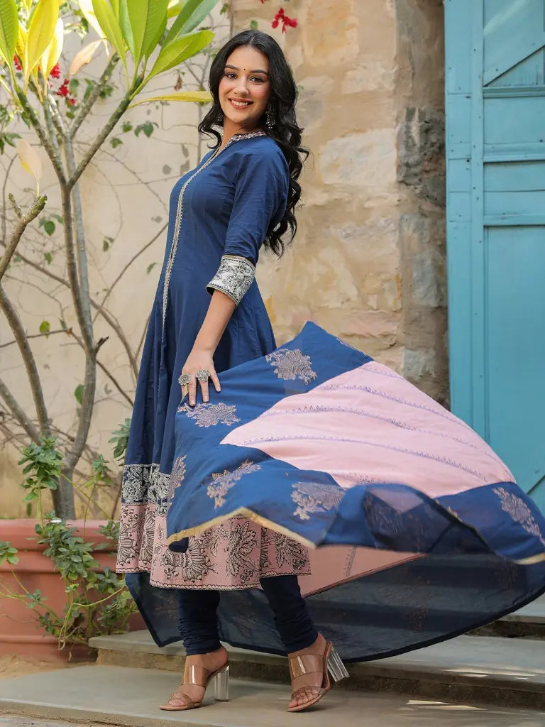 Women Navy Blue Pure Cotton Anarkali Kurta with Churidar & Dupatta, Mandarin Collar