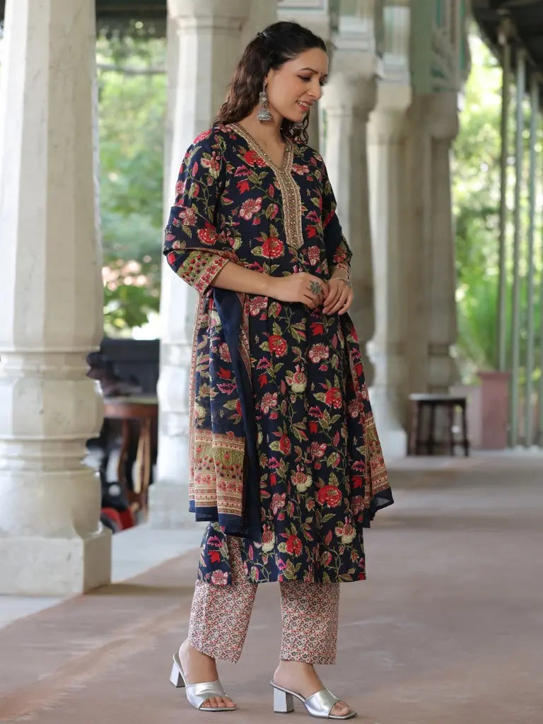 Women Navy Blue Floral Printed Pure Cotton Straight Kurta With Printed Dupatta & Printed Trouser