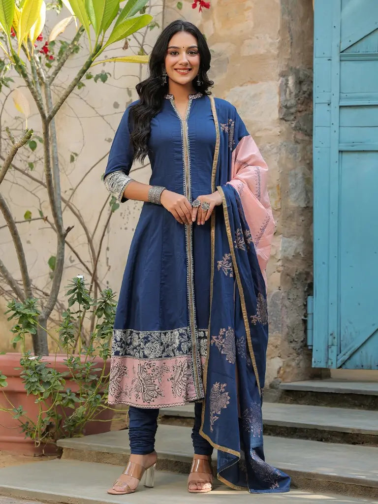 Women Navy Blue Pure Cotton Anarkali Kurta with Churidar & Dupatta, Mandarin Collar