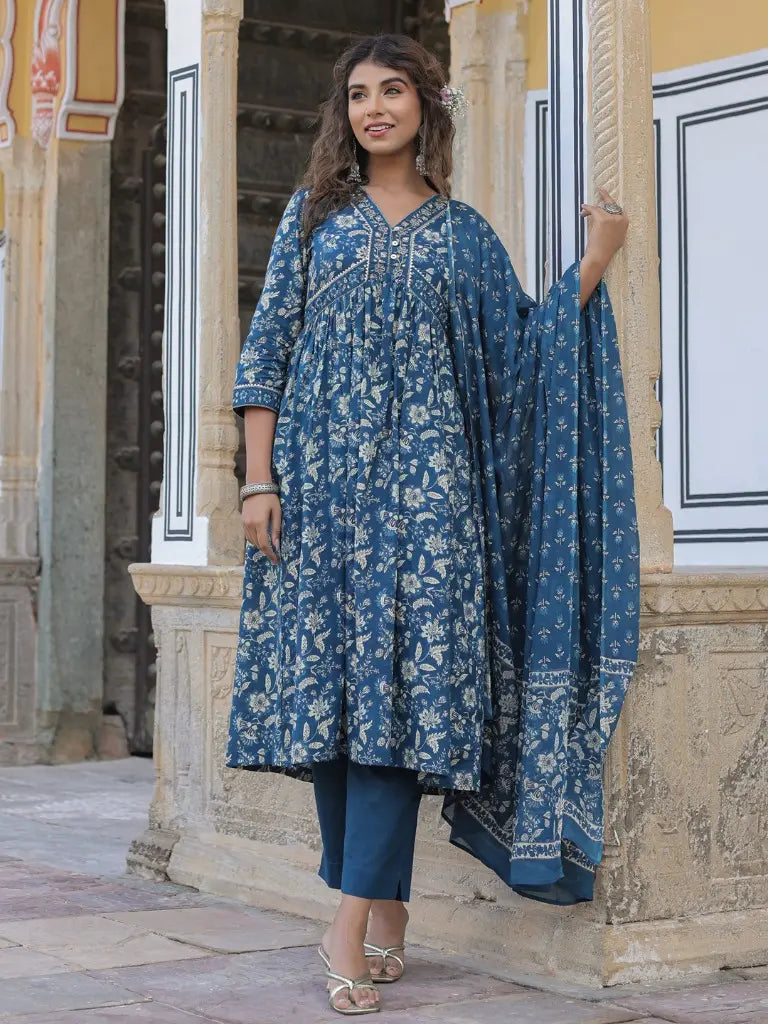 Women Blue Floral Printed Empire Line Anakali Kurta With Trouser And Dupatta