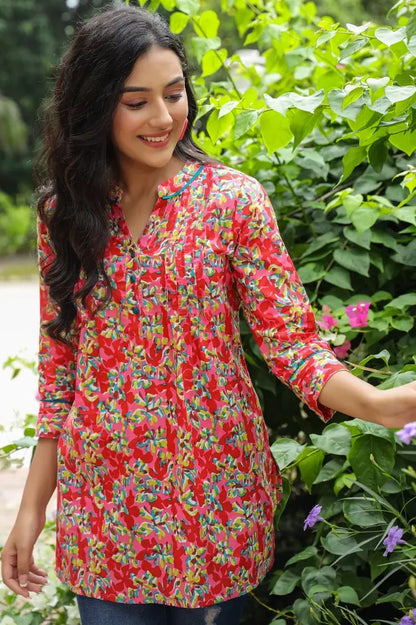 Red A-line pleated kurti